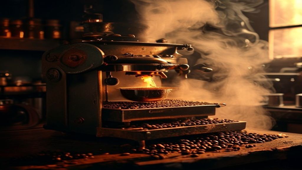 Röstmaschine mit frisch gerösteten Bohnen in der Rösterei