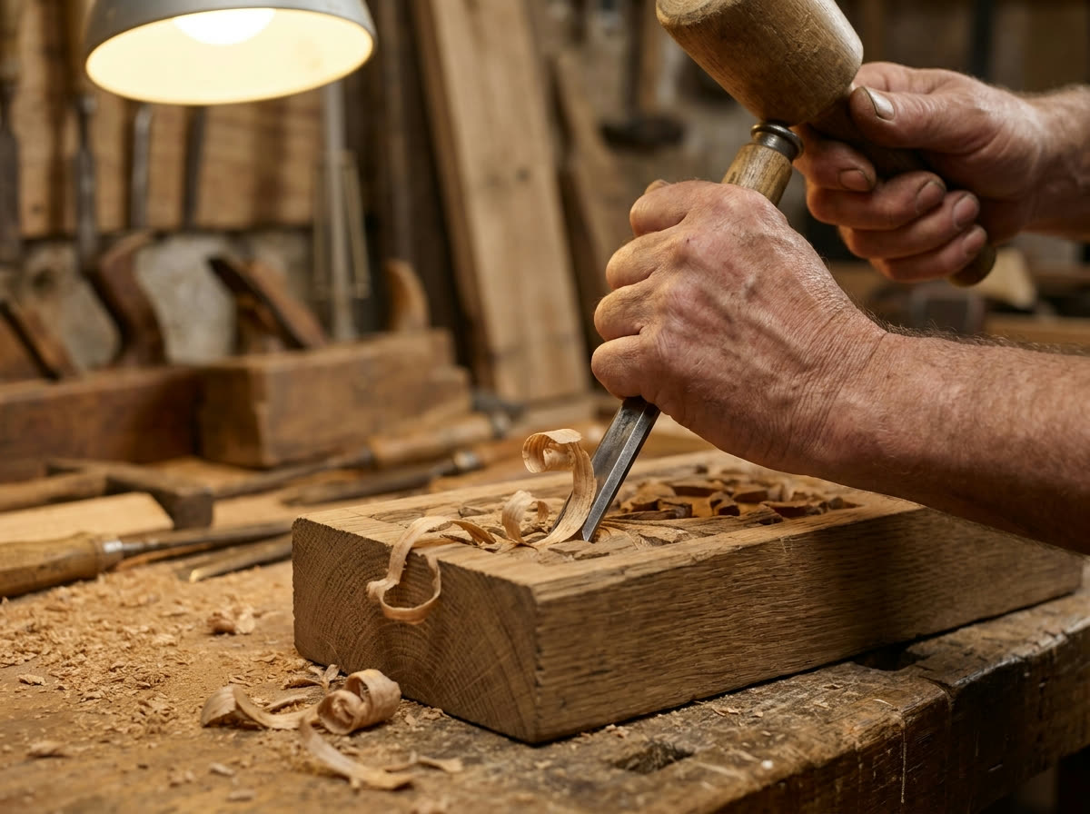 Handarbeit mit Stemmeisen an Eichenholz