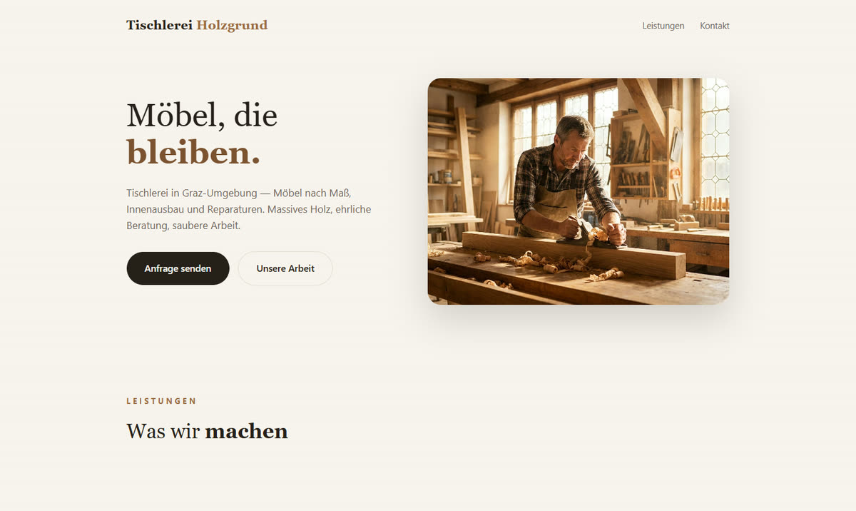 Startseite der Demo-Website Tischlerei Holzgrund