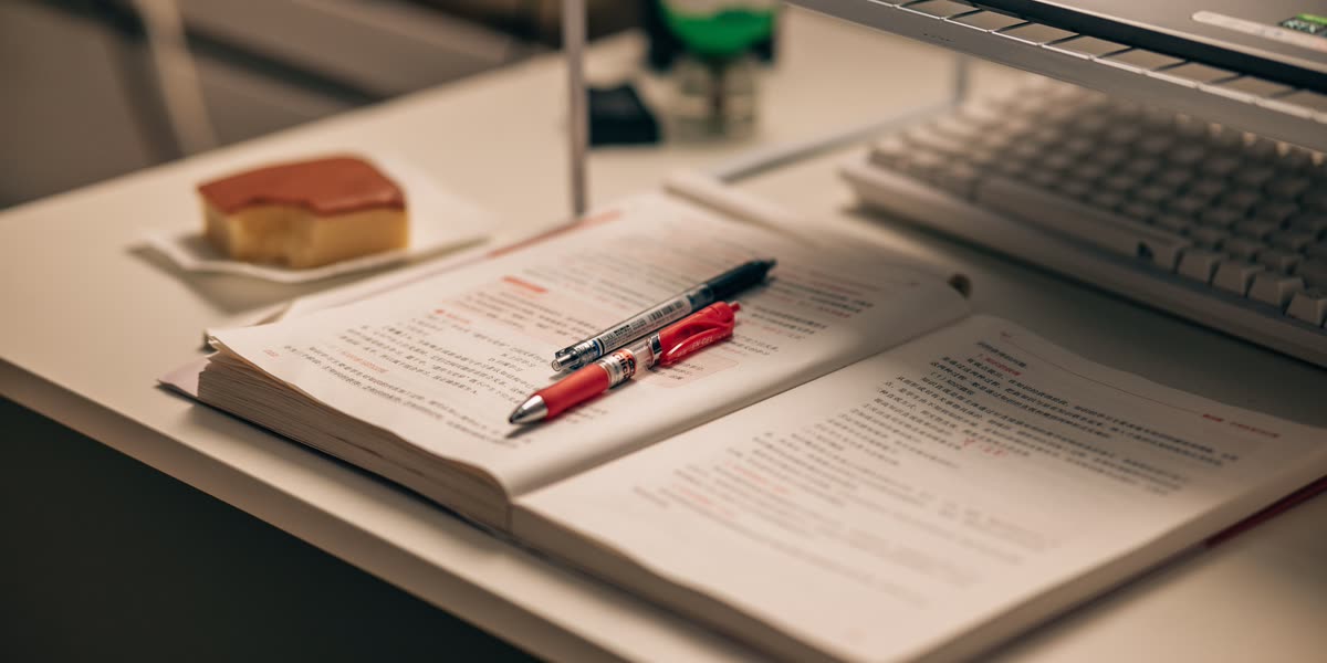 Aufgeschlagenes Buch mit Notizen neben einem Laptop
